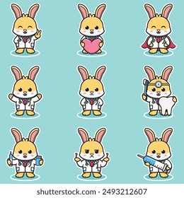 Vector illustration of Cute Character Cartoon of Rabbit Doctor. Rabbit character different poses illustration. Flat Cartoon Style. Animal Health Concept. 