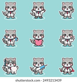 Vector illustration of Cute Character Cartoon of Raccoon Doctor. Raccoon character different poses illustration. Flat Cartoon Style. Animal Health Concept. 