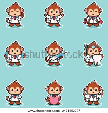 Vector illustration of Cute Character Cartoon of Monkey Doctor. Monkey character different poses illustration. Flat Cartoon Style. Animal Health Concept. 