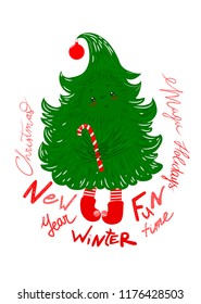 Vector illustration with cute character Christmas tree and lettering