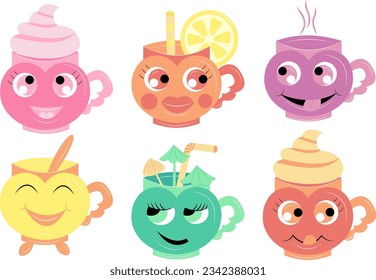 Vector illustration of cute character cups with eyes. Set of colorful funny cups. Emoji character vector set. Collection of cartoon cups. EPS 10.