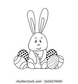 Vektorillustration illustriert süßes Charakterdesign Kaninchen mit Ostereiern und Weiden für Ostern. Doodle Cartoon Stil doodle.