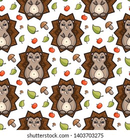 Vector  illustration of cute character. Funny kawaii hedgehog. Seamless pattern