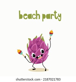 Vector illustration of a cute character, funny fruit, dragon fruit, pitaya, patahaya with maracas. T-shirt design for kids, summer time, summer mood, summer mood. Lettering beach party.