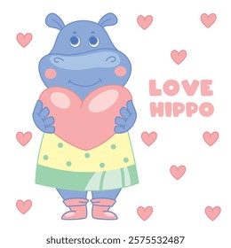 vector illustration cute character hippo holding heart tender colors doodle