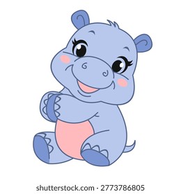 vector illustration cute character hippo animal, drawing with outline in children's style