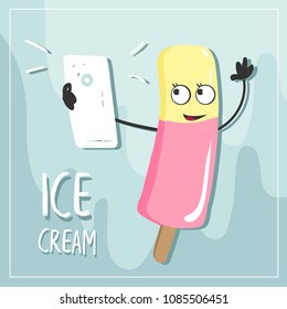 Vector illustration of a cute character. Ice cream makes selfie. Summer. Can be used as a print for T-shirts, textiles, notebooks, souvenirs, books, clothes, postcards