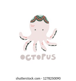 Vector illustration of a cute character- little pink octopus in a cartoon style with a name of it