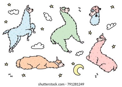 Vector illustration of cute character lying lama with moon, star, cloud. Isolated dreaming cartoon baby llama. Hand drawn Peru animal guanaco, alpaca, vicuna. Drawing of sleep and dream