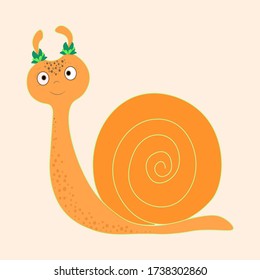 ILUSTRACIÓN VECTORIAL lindo personaje caracol naranja con una sonrisa con hojas en cuernos sobre fondo pastel