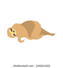 Vector illustration of cute character sloth. Isolated cartoon baby climbing sloths. Hand drawn jungle animal hanging on a branch of tree. Drawing for print, fabric, textile, poster etc. 