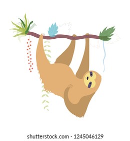 Vector illustration of cute character sloth. Isolated cartoon baby climbing sloths. Hand drawn jungle animal hanging on a branch of tree. Drawing for print, fabric, textile, poster etc. 