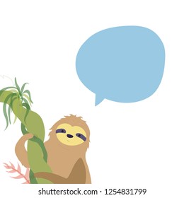 Vector illustration of cute character sloth with speech bubble. Isolated cartoon baby climbing sloth. Hand drawn jungle animal hanging on a branch of tree. Drawing for print, fabric, poster etc. 