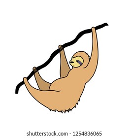 Vector illustration of cute character sloth. Isolated cartoon baby climbing sloth. Hand drawn jungle animal hanging on a branch of tree. Drawing for print, fabric, textile, poster etc. 