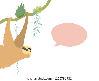 Vector illustration of cute character sloth with speech bubble. Isolated cartoon baby climbing sloths. Hand drawn jungle animal hanging on a branch of tree. Drawing for print, fabric, poster etc. 