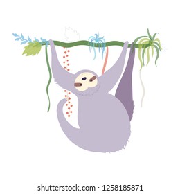 Vector illustration of cute character sloth. Isolated cartoon baby climbing sloths. Hand drawn jungle animal hanging on a branch of tree. Drawing for print, fabric, textile, poster etc. 