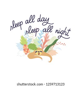 Vector illustration of cute character sloth and lettering. Isolated cartoon baby climbing sloths. Hand drawn jungle animal hanging on a branch of tree. Drawing for print, fabric, textile, poster etc. 