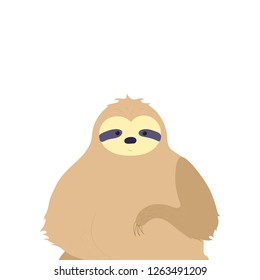 Vector illustration of cute character sloth. Isolated cartoon baby climbing sloths. Hand drawn jungle animal hanging on a branch of tree. Drawing for print, fabric, textile, poster etc. 