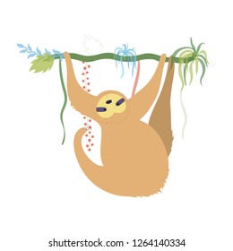 Vector illustration of cute character sloth. Isolated cartoon baby climbing sloths. Hand drawn jungle animal hanging on a branch of tree. Drawing for print, fabric, textile, poster etc. 