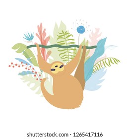 Vector illustration of cute character sloth. Isolated cartoon baby climbing sloths. Hand drawn jungle animal hanging on a branch of tree. Drawing for print, fabric, textile, poster etc. 