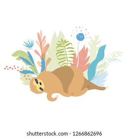 Vector illustration of cute character sloth. Isolated cartoon baby climbing sloths. Hand drawn jungle animal hanging on a branch of tree. Drawing for print, fabric, textile, poster etc. 