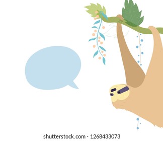 Vector illustration of cute character sloth with speech bubble. Isolated cartoon baby climbing sloths. Hand drawn jungle animal hanging on a branch of tree. Drawing for print, fabric, poster etc. 