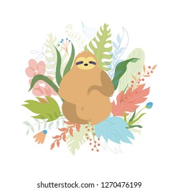 Vector illustration of cute character sloth. Isolated cartoon baby climbing sloths. Hand drawn jungle animal hanging on a branch of tree. Drawing for print, fabric, textile, poster etc. 