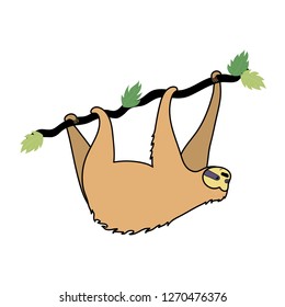 Vector illustration of cute character sloth. Isolated cartoon baby climbing sloths. Hand drawn jungle animal hanging on a branch of tree. Drawing for print, fabric, textile, poster etc. 