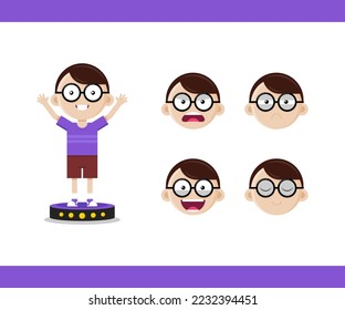 Ilustración vectorial, personaje lindo de un chico inteligente que lleva gafas con diversas expresiones.