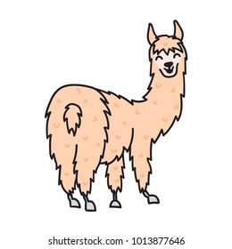 Vector illustration of cute character south lama. Isolated outline cartoon baby llama. Hand drawn Peru animal guanaco, alpaca, vicuna. Drawing for print, fabric, textile, poster etc