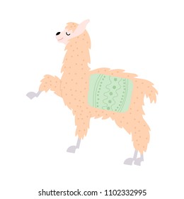 Vector illustration of cute character south llama. Isolated outline cartoon baby lama. Hand drawn Peru animal guanaco, alpaca, vicuna. Drawing for print, fabric, textile, poster etc. 