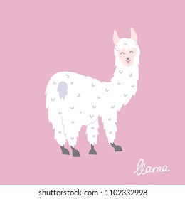 Vector illustration of cute character south llama. Isolated outline cartoon baby lama. Hand drawn Peru animal guanaco, alpaca, vicuna. Drawing for print, fabric, textile, poster etc. 