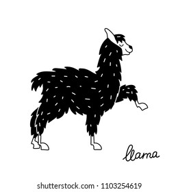 Vector illustration of cute character south llama. Isolated outline cartoon baby lama. Hand drawn Peru animal guanaco, alpaca, vicuna. Drawing for print, fabric, textile, poster etc.