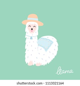 Vector illustration of cute character south llama. Isolated outline cartoon baby lama. Hand drawn Peru animal guanaco, alpaca, vicuna. Drawing for print, fabric, textile, poster etc. 