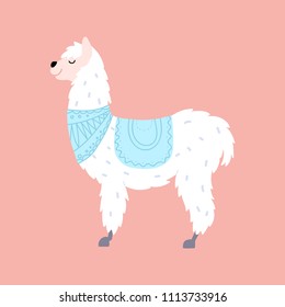 Vector Illustration Of Cute Character South Llama. Isolated Outline Cartoon Baby Lama. Hand Drawn Peru Animal Guanaco, Alpaca, Vicuna. Drawing For Print, Fabric, Textile, Poster Etc. 