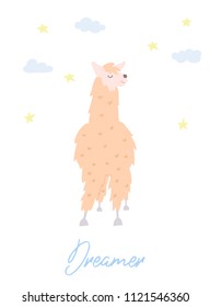 Vector illustration of cute character south llama. Isolated outline cartoon baby lama. Hand drawn Peru animal guanaco, alpaca, vicuna. Drawing for print, fabric, textile, poster etc. 