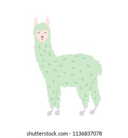 Vector illustration of cute character south llama. Isolated outline cartoon baby lama. Hand drawn Peru animal guanaco, alpaca, vicuna. Drawing for print, fabric, textile, poster etc. 