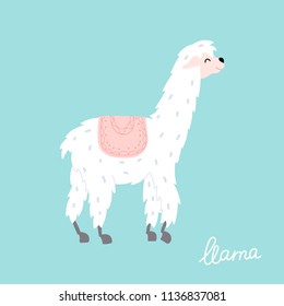 Vector illustration of cute character south llama. Isolated outline cartoon baby lama. Hand drawn Peru animal guanaco, alpaca, vicuna. Drawing for print, fabric, textile, poster etc. 