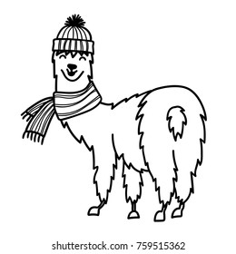 Vector illustration of cute character south America lama in winter hat and scarf. Isolated outline cartoon baby llama. Hand drawn Christmas Peru animal  guanaco, alpaca, vicuna. Drawing for print.