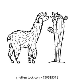 Vector illustration of cute character south America lama. Isolated outline cartoon baby llama and cactus. Hand drawn Peru animal  guanaco, alpaca, vicuna. Drawing for print, fabric, textile, poster