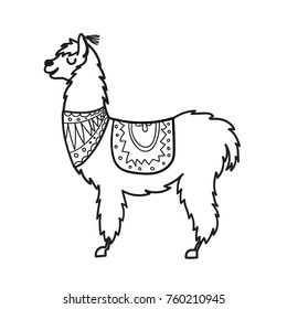 Vector Illustration Of Cute Character South America Lama With Decorations. Isolated Outline Cartoon Baby Llama. Hand Drawn Peru Animal Guanaco, Alpaca, Vicuna. Drawing For Print, Fabric.