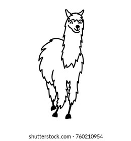 Vector illustration of cute character south America lama. Isolated outline cartoon baby llama. Hand drawn Peru animal  guanaco, alpaca, vicuna. Drawing for print, fabric, textile, poster etc