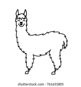 Vector Illustration Of Cute Character South America Lama. Isolated Outline Cartoon Baby Llama. Hand Drawn Peru Animal  Guanaco, Alpaca, Vicuna. Drawing For Print, Fabric, Textile, Poster Etc