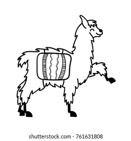 Vector illustration of cute character south America lama with decorations. Isolated outline cartoon baby llama. Hand drawn Peru animal guanaco, alpaca, vicuna. Drawing for print, fabric.