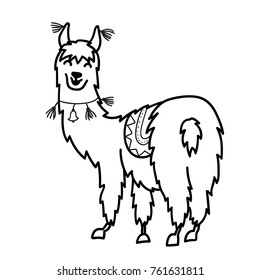 Vector illustration of cute character south America lama with decorations. Isolated outline cartoon baby llama. Hand drawn Peru animal guanaco, alpaca, vicuna. Drawing for print, fabric.