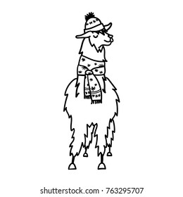 Vector illustration of cute character south America lama in winter hat and scarf. Isolated outline cartoon baby llama. Hand drawn Christmas Peru animal guanaco, alpaca, vicuna. Drawing for print.