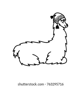 Vector illustration of cute character south America lama in winter hat and scarf. Isolated outline cartoon baby llama. Hand drawn Christmas Peru animal guanaco, alpaca, vicuna. Drawing for print.