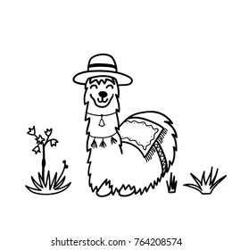 Vector illustration of cute character south America lama with decorations. Isolated outline cartoon baby llama. Hand drawn Peru animal guanaco, alpaca, vicuna. Drawing for print, fabric.