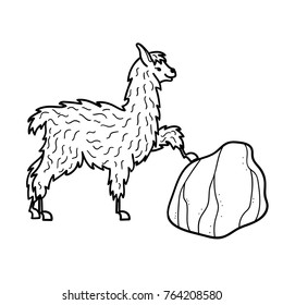 Vector illustration of cute character south America lama and stone. Isolated outline cartoon baby llama. Hand drawn Peru animal guanaco, alpaca, vicuna. Drawing for print, fabric