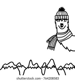 Vector illustration of cute character south America lama in winter hat and scarf. Isolated outline banner baby llama. Hand drawn Christmas Peru animal guanaco, alpaca, vicuna. Drawing for print.